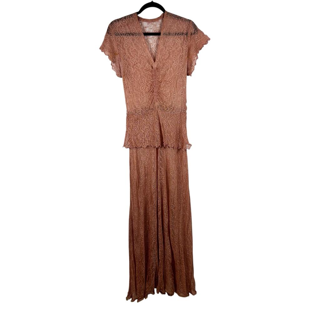 Vintage 1940s Pink Floral Silk Net Lace Gown Bias Cut Sheer Peplum Full Length